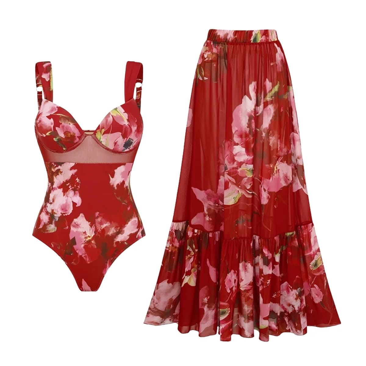 2026 New Women 2‑Piece Red Floral Print One‑Piece Swimsuit Chiffon Long Maxi Skirt Cover‑Up Wide Strap Beach Resort Swimwear Set