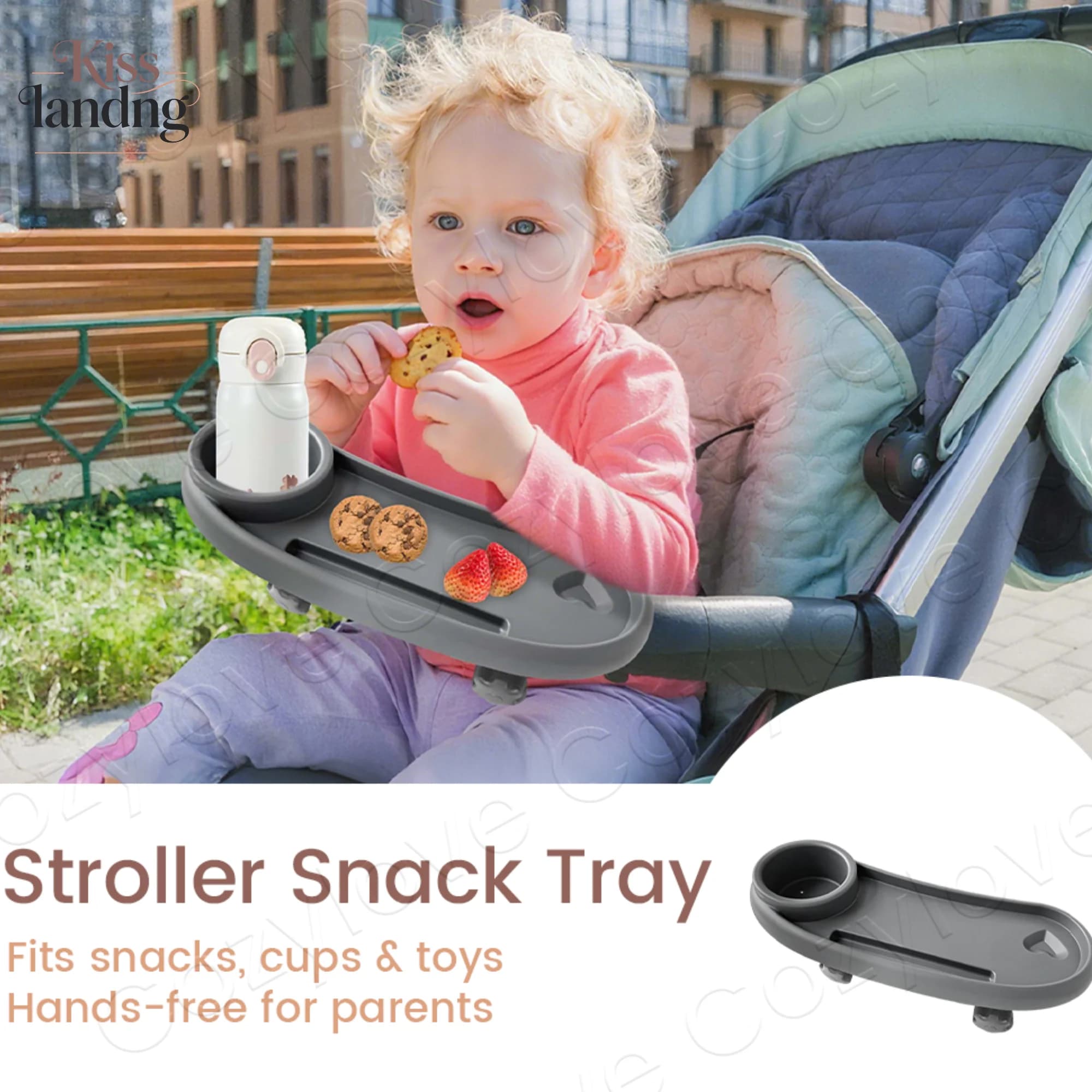 Vassoio porta snack staccabile per passeggino con porta bicchiere | Adattabile alla maggior parte dei passeggini, senza BPA, per l'autosvezzamento dei bambini