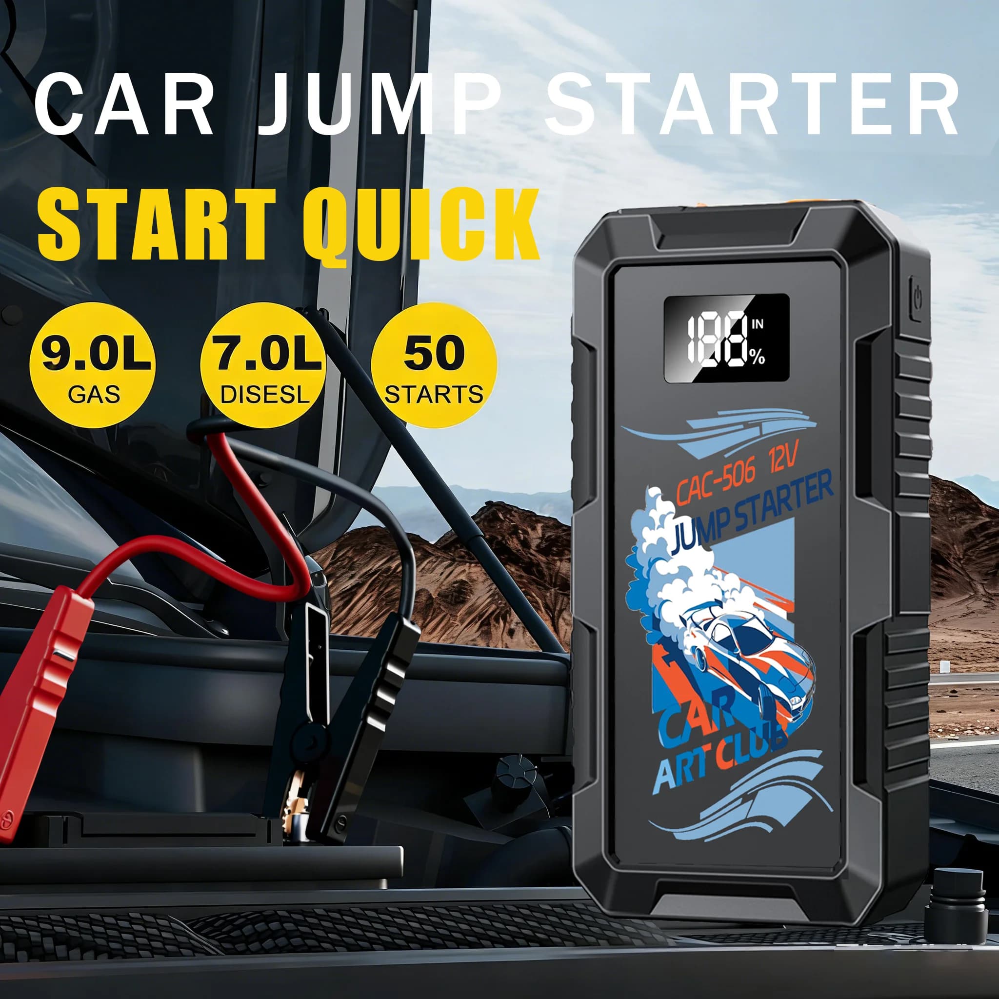 CAR ART CLUB 6000A Avviatore di Emergenza, Avviatore Batteria Auto 12V, 24000mAh per Motori Benzina 9L e Diesel 7L con Luce LED e Funzione Booster
