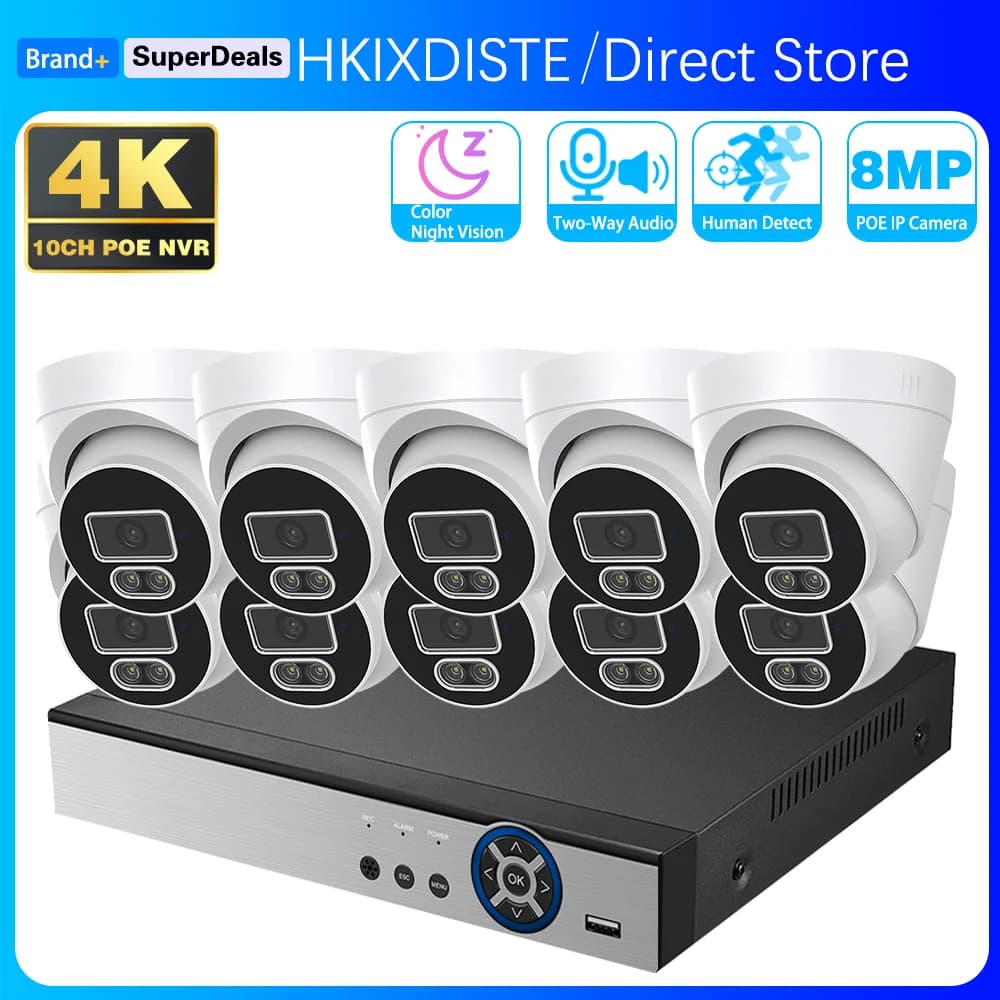 Sistema di Videosorveglianza CCTV 10CH 8MP POE, Telecamera H.265 4K con Audio Bidirezionale, NVR con Rilevamento Umano, Visione Notturna a Colori, Set di Sicurezza