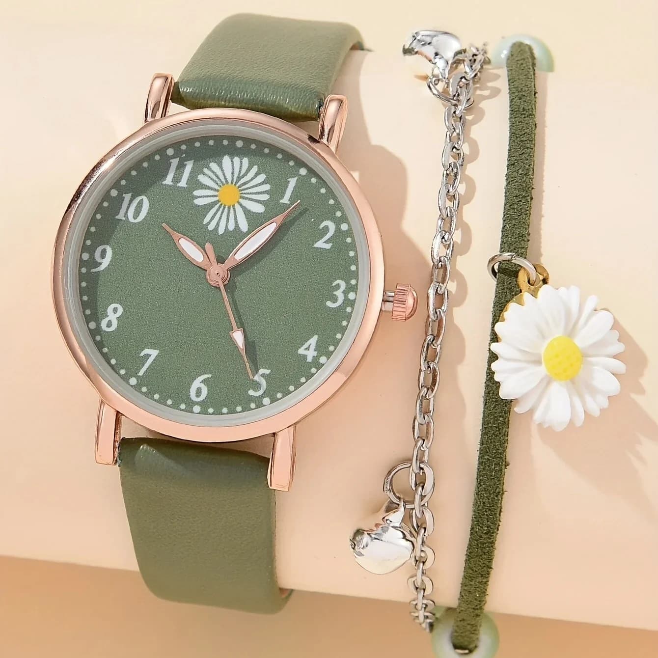 Orologio al quarzo con puntatore rotondo 1pc orologio da polso elettronico con ciondolo margherita carino con cinturino in pelle PU e bracciale 1pc, il miglior regalo per lei