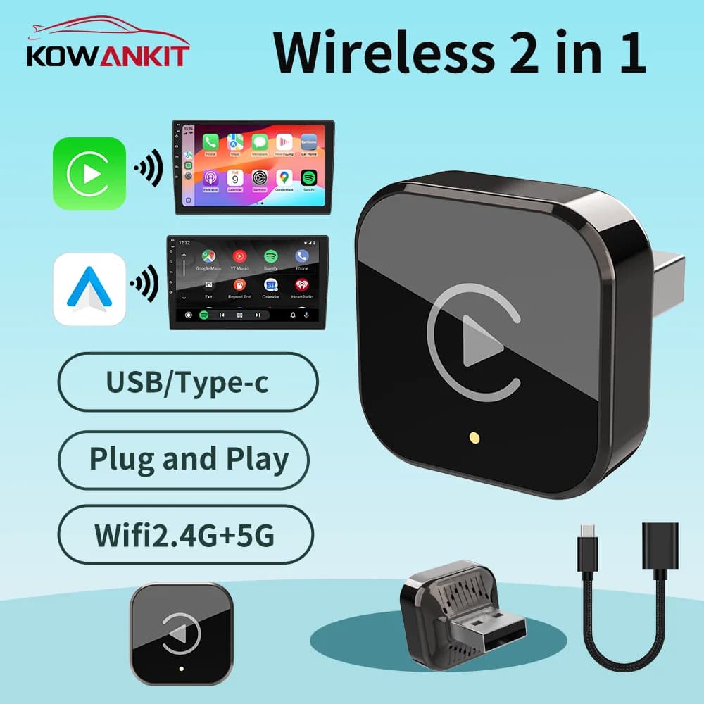 Wireless KowanKit Adapter for Carplay and Android Auto 2 in 1, Dongle Smart Mini USB AI Box Plug & Play Compatible with Auto since 2016+