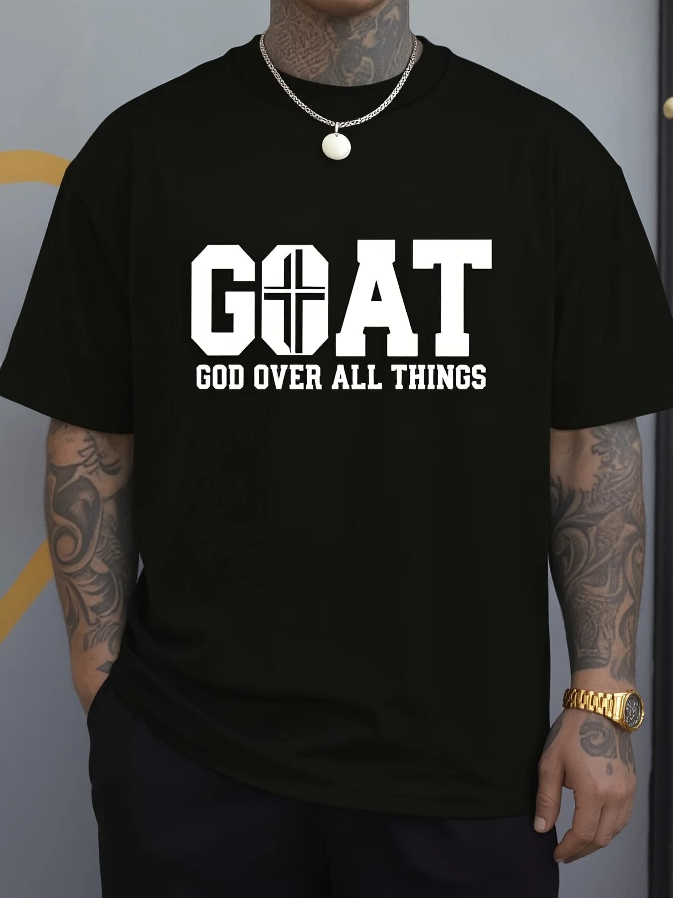 Men'S Relaxed Fit T-Shirt Featuring the Phrase 'GOAT' Which Stands for 'God Over for All Things' Breathable and Soft Clothing Ideal for Daily Commutes Lounging Retro Casual Short-Sleeved T-Shirt with Round Neck and Printed Pattern, Machine Washable