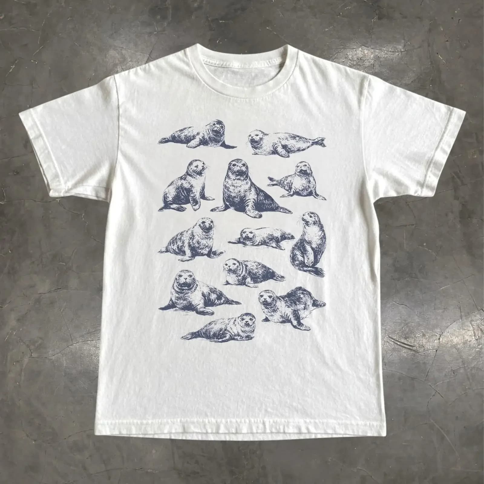 Seal T Shirt Vintage Ocean Marine Life vintage Washed designer clothes Slightly Comfortable fashion homme streetwear