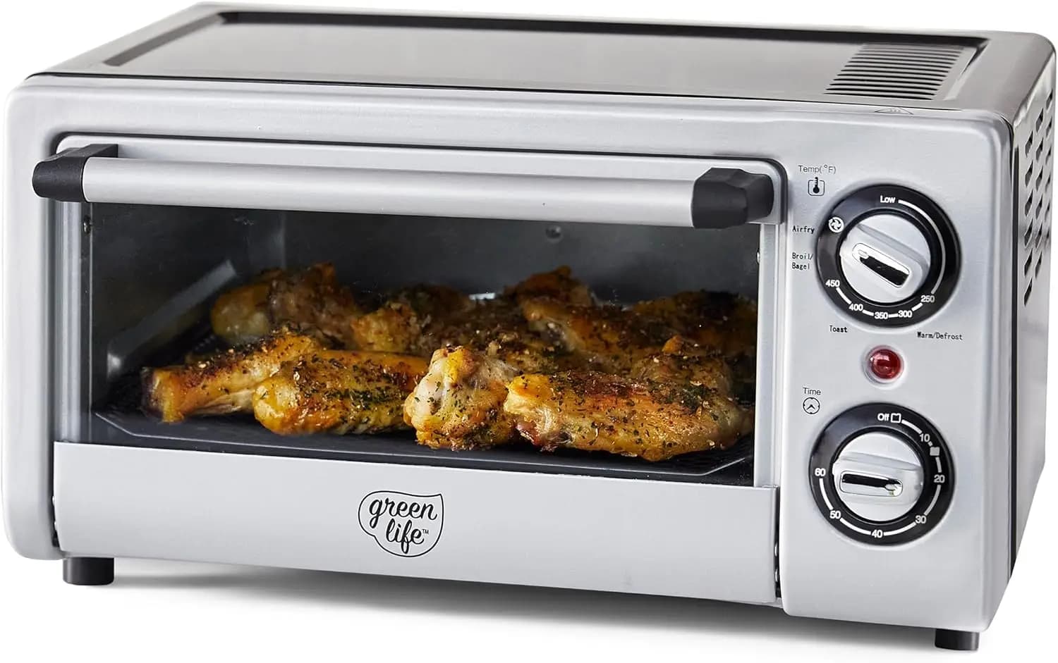 Stainless steel toaster oven air cooler with non-stick ceramic, adjustable controls, automatic shutdown, black