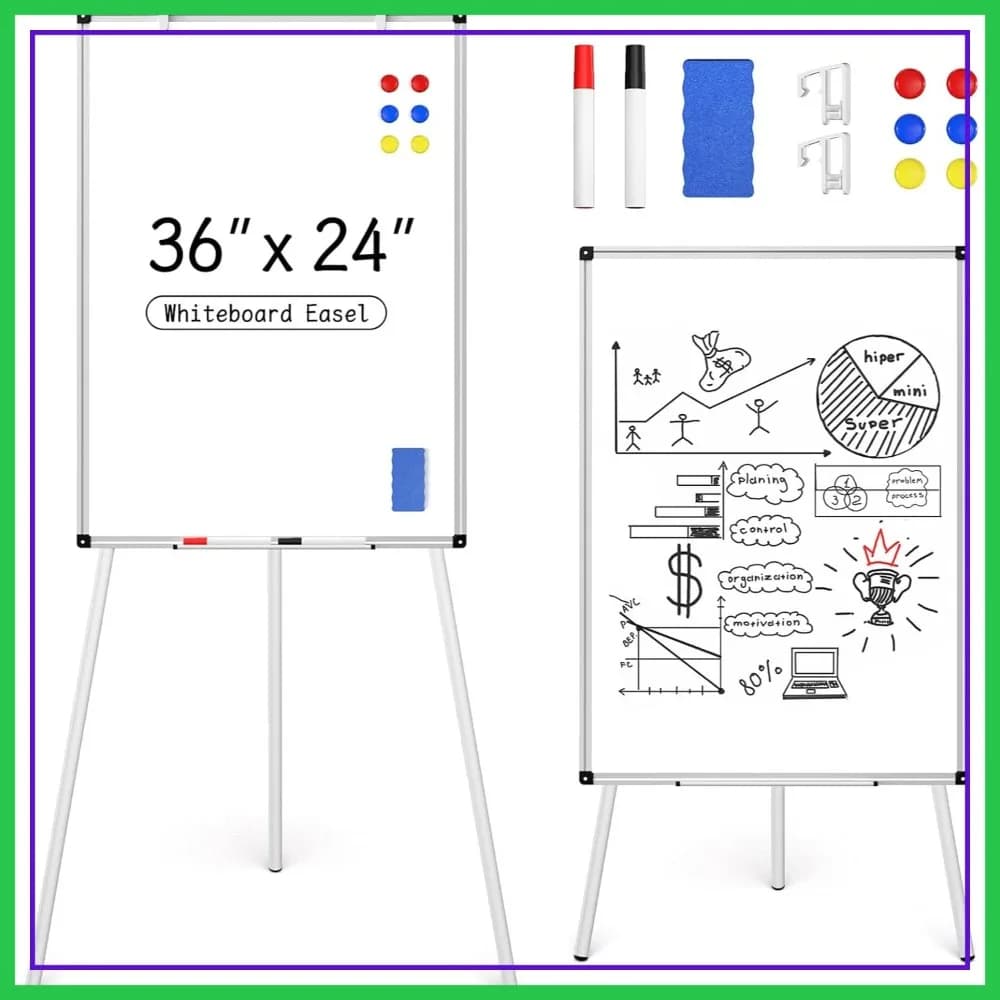 Lavagna Magnetica 36x24 con Supporto a Treppiede Regolabile in Altezza, Lavagna per Presentazioni Cancellabile a Secco, 6 Magneti, 2 Pennarelli, 1 Gomma