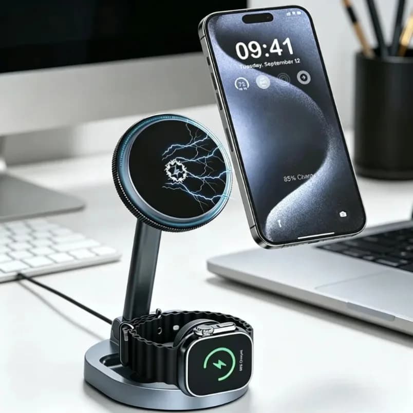 3 In 1 Wireless Charger Magnetic Stand For iPhone 16 15 Apple Watch AirPods Foldable Travel Fast Charging Type C Black