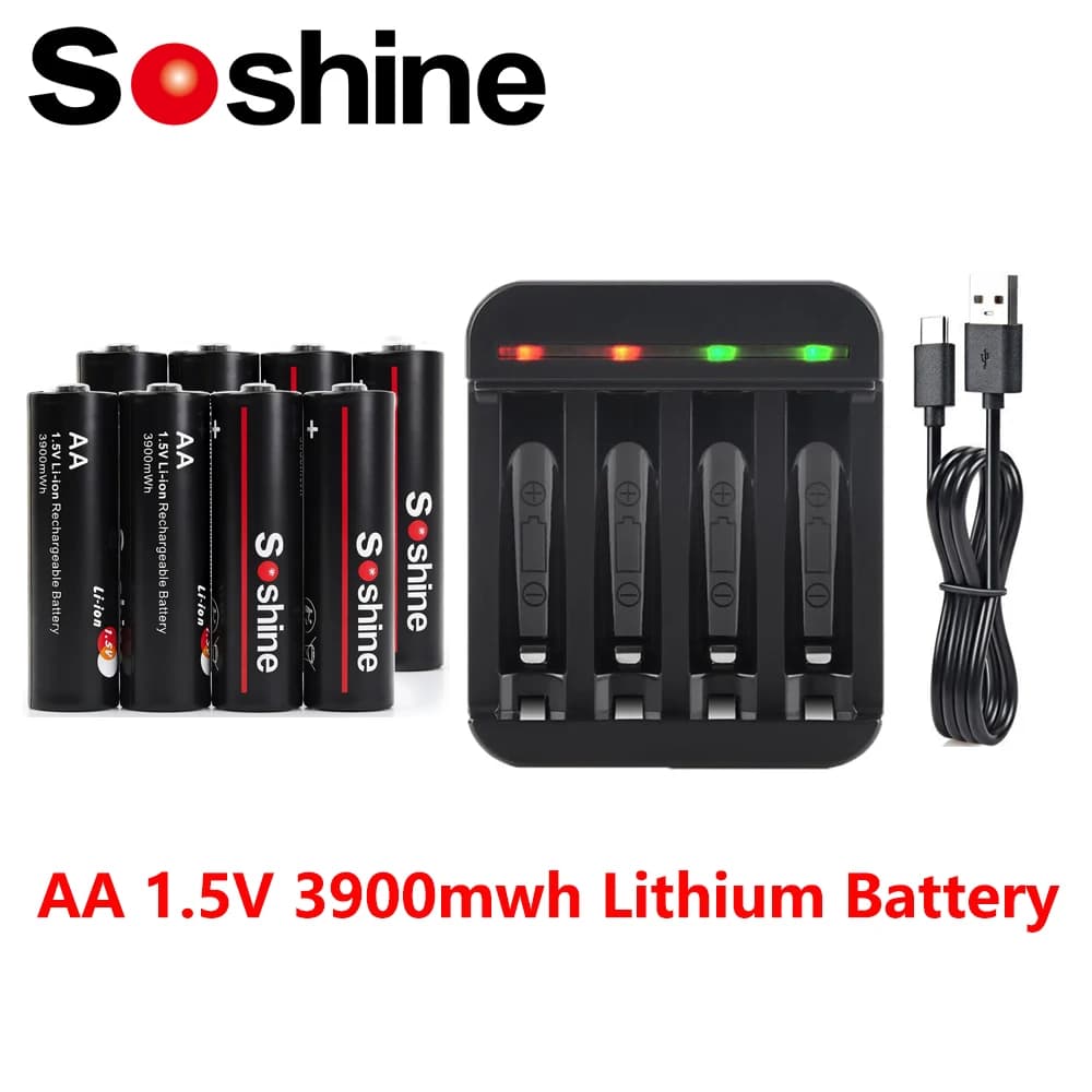 Batterie Ricaricabili Soshine AA 1.5V 3900mwh al Litio per Orologi, Rilevatori di Fumo, Radio, Videogiochi, Fotocamere Digitali e Giocattoli