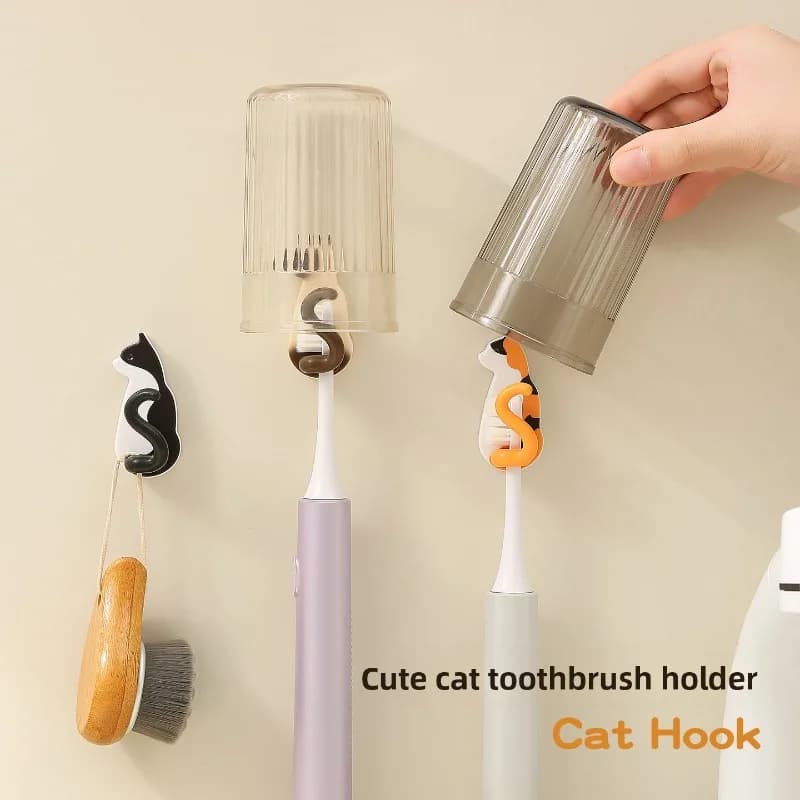 1pc Cat Wall Mount Toothbrush Holder -Self-Adhesive,Bathroom Storage Rack for Electric/Manual Toothbrushes,Multi-Functional Hook