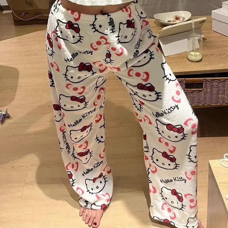 Kawaii Hello Kitty Flannel Wide Leg Pants Women Pink All Over Cartoon Print Elastic Waist Loose Plush Trousers Soft Warm Coral