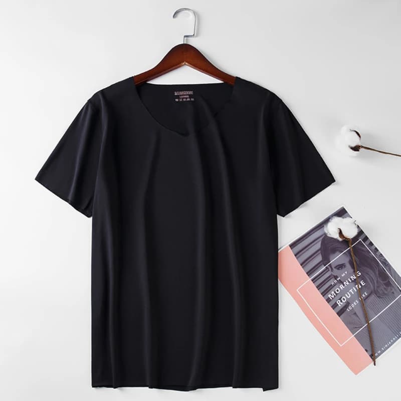 Camicia Skinny da uomo camicie Basic in seta di ghiaccio tinta unita t-Shirt senza cuciture traspirante da uomo camicia sottile con scollo a v per uomo