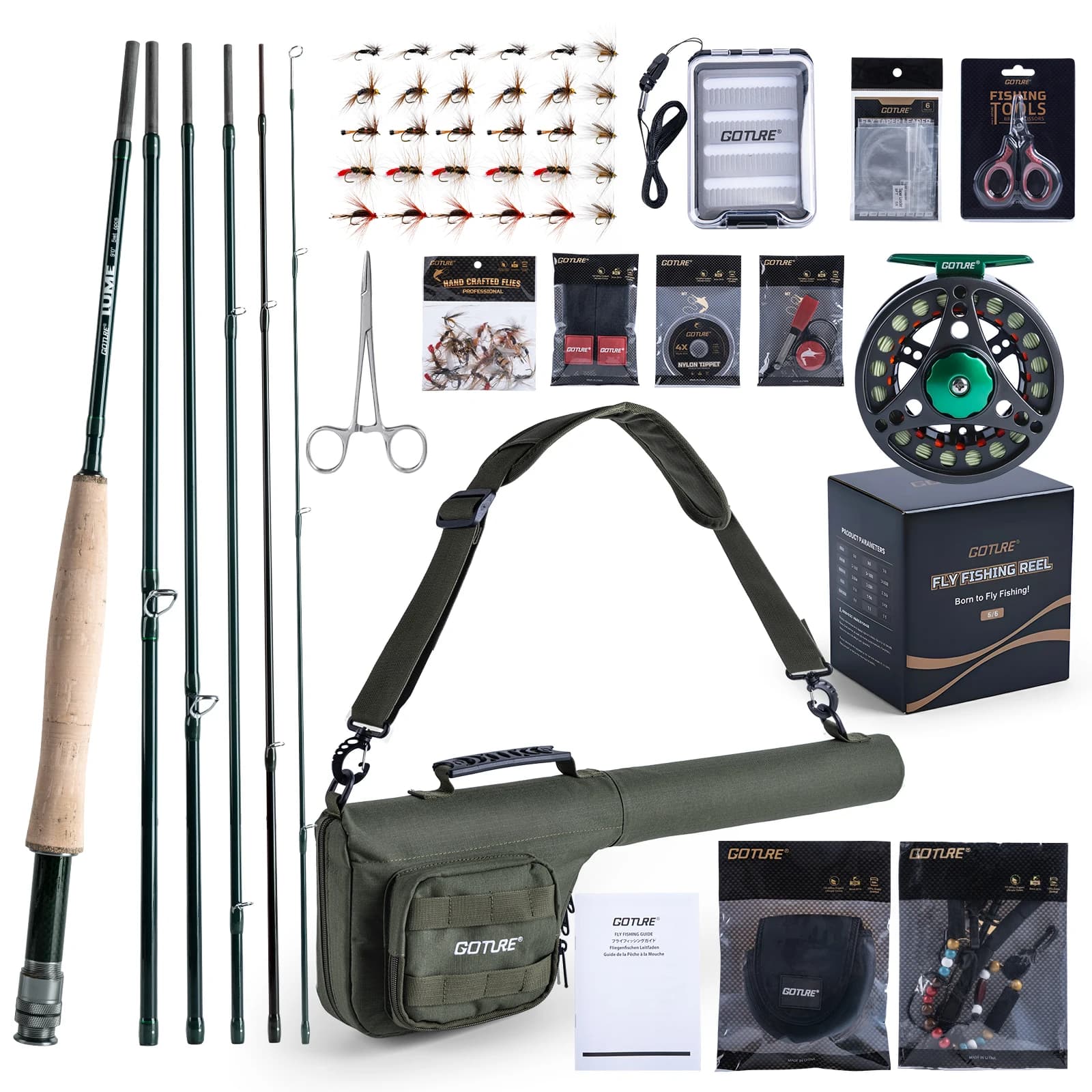 Set Canna e Mulinello per Pesca a Mosca Goture con Custodia per Attrezzatura, Canna da 9 Piedi in 4 Pezzi, Mulinello Pre-Apprestato, Filo da Pesca, Mosche, Attrezzi