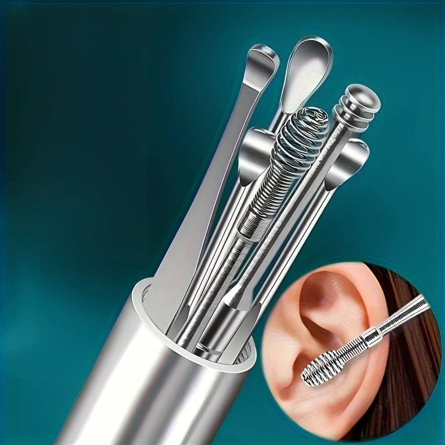 Set di 7 strumenti per la pulizia delle orecchie in acciaio inossidabile, portatile e resistente, con portachiavi, kit per la cura delle orecchie