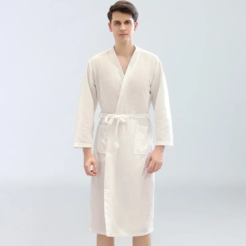 Bathrobe Man Sleepwear Cotton Stitch Pocket Long Sleeve Belt Thin Pure Color Sexy Robe 2020 Fashion Pjs