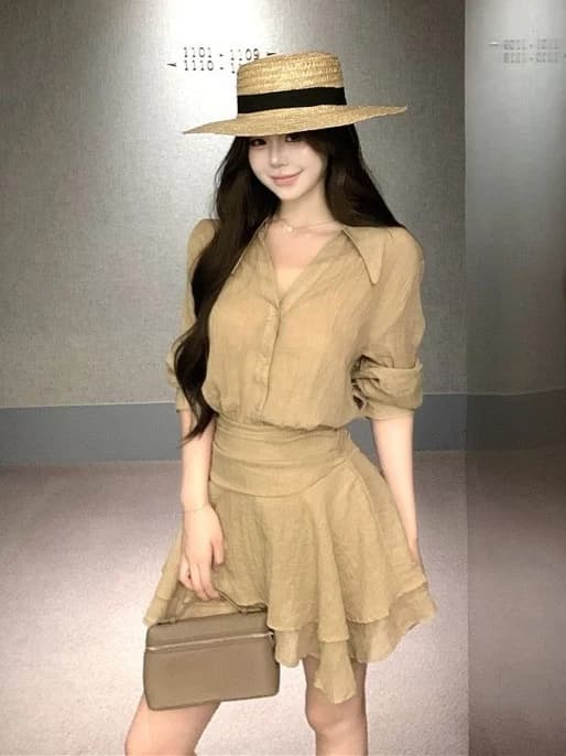 French Style Long Sleeve Shirt & A Line Short Skirt 2 Piece Set Spring Summer Elegant Fashion Casual Outfit for Ladies 2026 New