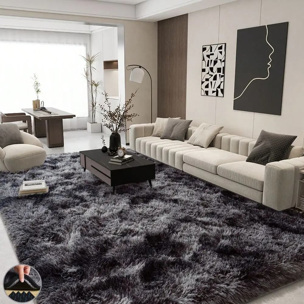 Tappeti Shaggy per Camera da Letto, Tappeti Pelosi Neri e Grigi per Soggiorno, Tappeto Moderno di Lusso in Peluche per Camere di Ragazze e Ragazzi, Dormitorio, Interni Casa