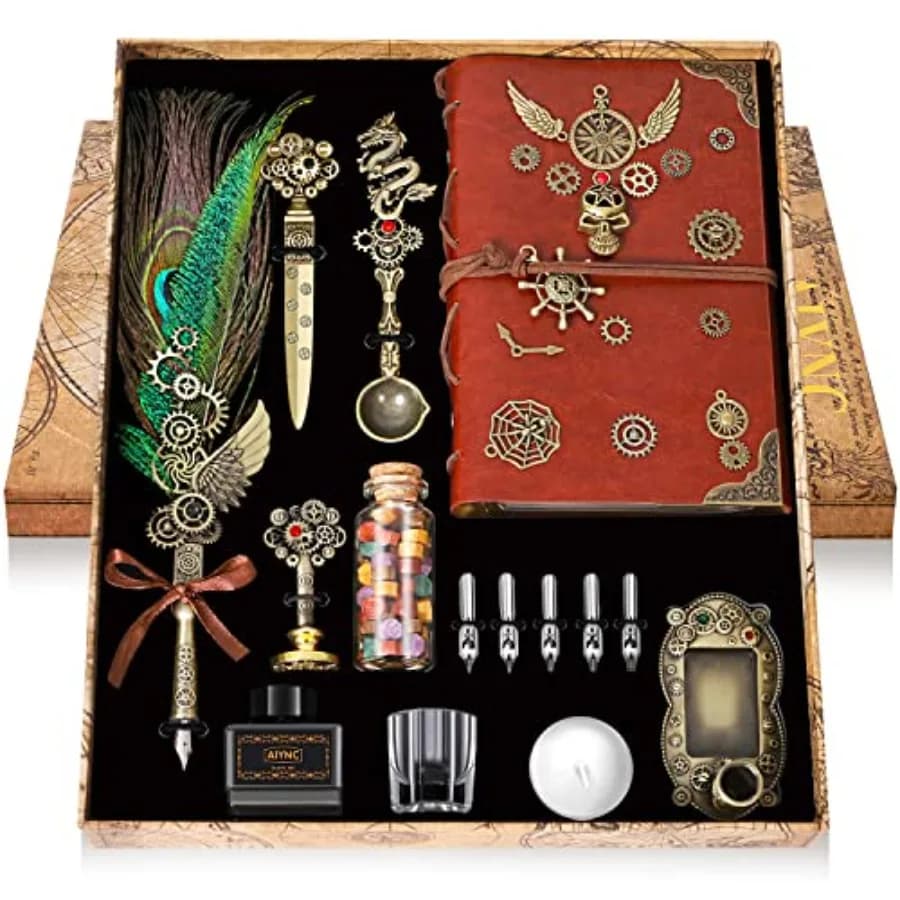 Quill Pen and Ink Set With Notebook Wax Seal Stamp Kit Calligraphy Set for Writing Lovers Valentine's Day and Birthday Gifts Id