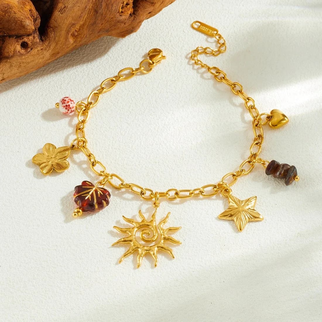Bracciale da Donna in Acciaio Inossidabile con Totem Solare Dorato, Fiore, Cuore e Pietra Irregolare - Nuovo Classico Gioiello a Catena da Mano