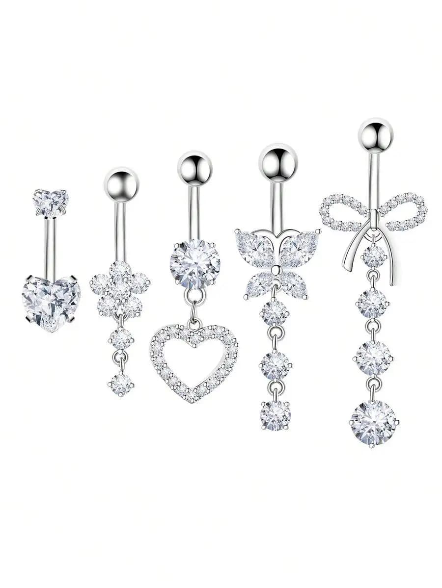 Set di 5 Piercing all'Ombelico con Cristalli: Cuore, Fiore, Farfalla, Fiocco e Ciondoli a Catena - Gioielli Unisex per Uso Quotidiano e Regali