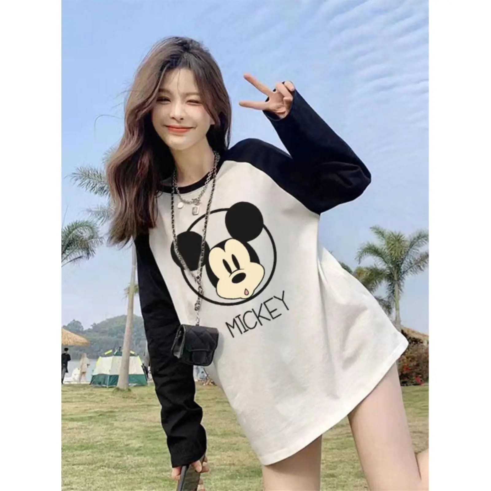 plus Size Spring Autumn Color Block Shoulder Sleeve T-Shirt Women's Casual Style Long Sleeve round Neck Cotton Top