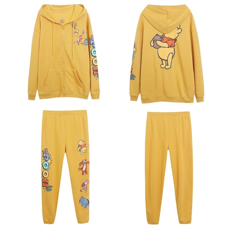 Fleece Lined Cartoon Hoodie Set Zipper Loose Women's Sweatshirt Pants with Pockets Sweet Style Slimming Outerwear Jacket