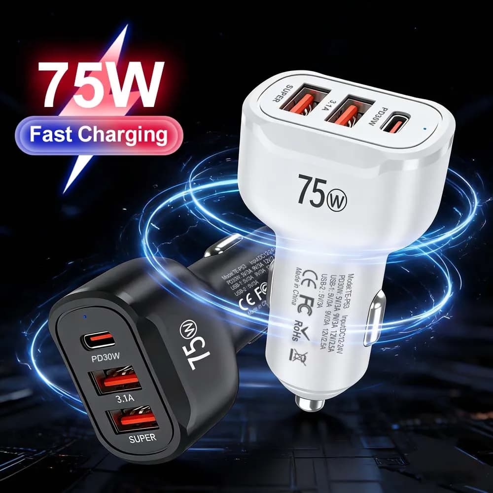 Caricabatterie USB per Auto a 3 Porte 75W, Adattatore di Ricarica Rapida QC3.0 3.1A con 2 USB + PD30W, Gadget da Viaggio per Interni Auto