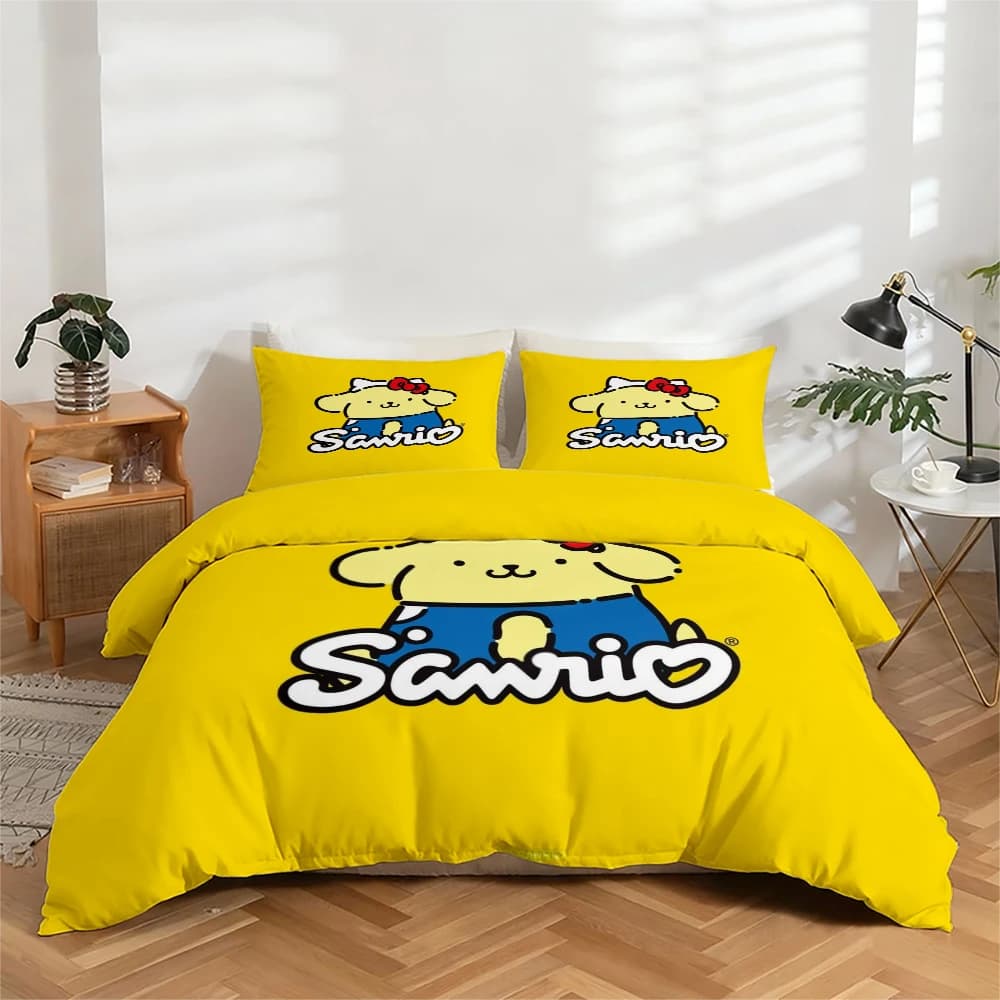 Digitally high-definition printed bedding set in 3 pieces, set duvet with big floral pattern with Sanrio cartoons, includes 1 duvet + 2 pillowcases, suitable for bedroom, guest room, home decorations, duvet cover + polyester fiber pillowcase, ultra soft bed linen, thick fabric, suitable for all seasons, washing machine