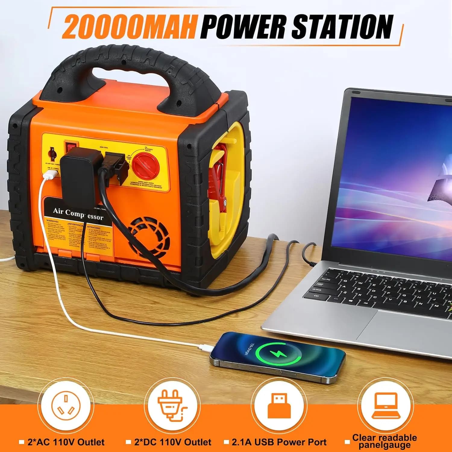 Avviatore di emergenza per centrale elettrica portatile da 1800 A con gonfiatore per pneumatici/compressore d'aria da 260 PSI Convertitore di potenza 2.1A Porta USB 400 W