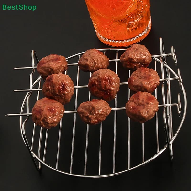 ★Stainless Steel Airfryers Double Layer Rack Versatile Round Roasting Rack Grill Rack With Skewers Baking Tray Airfryers Holder