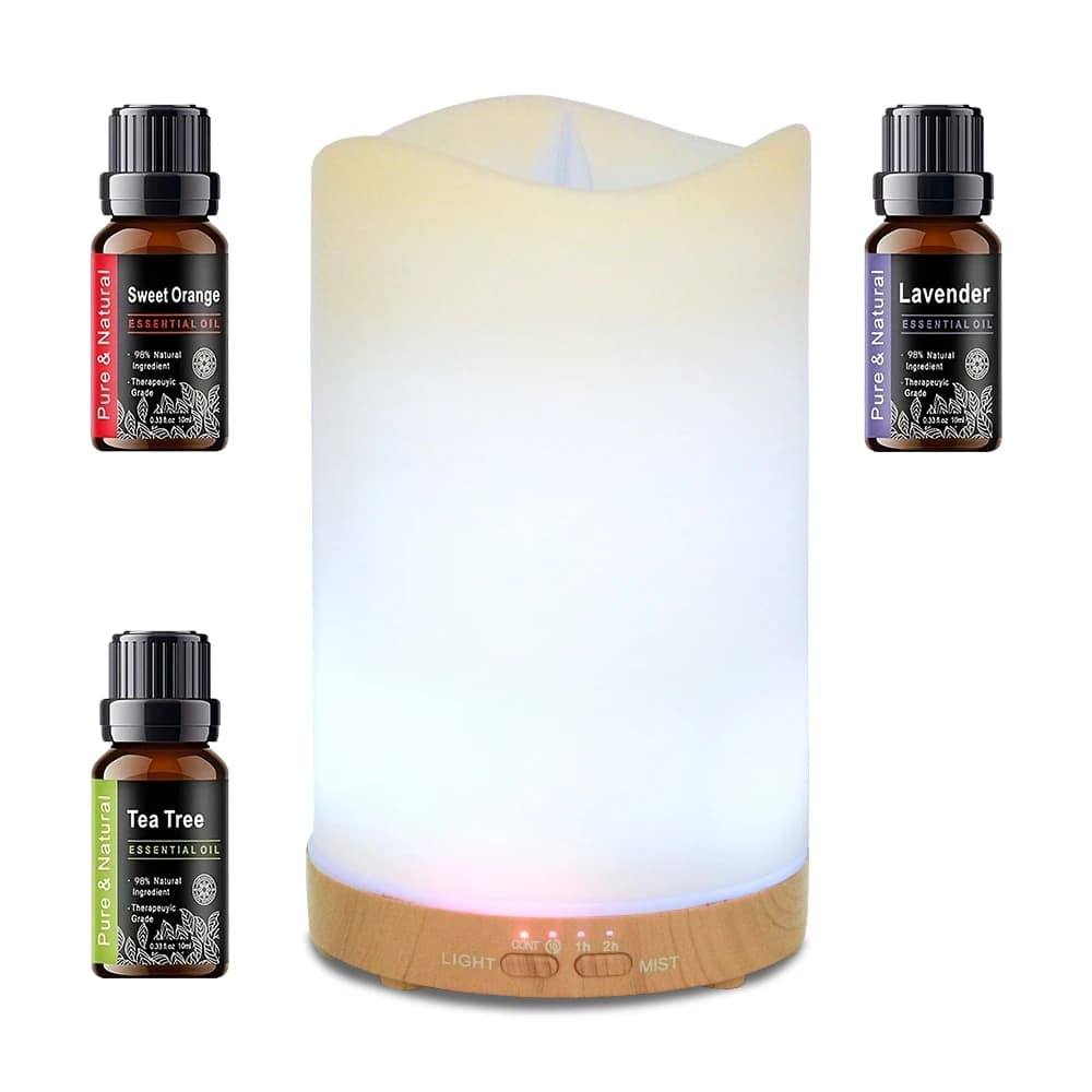 Diffusore per aromaterapia con design a candela Umidificatore a nebbia fredda da 130 ml con luce notturna timer per il rilassamento domestico e in ufficio