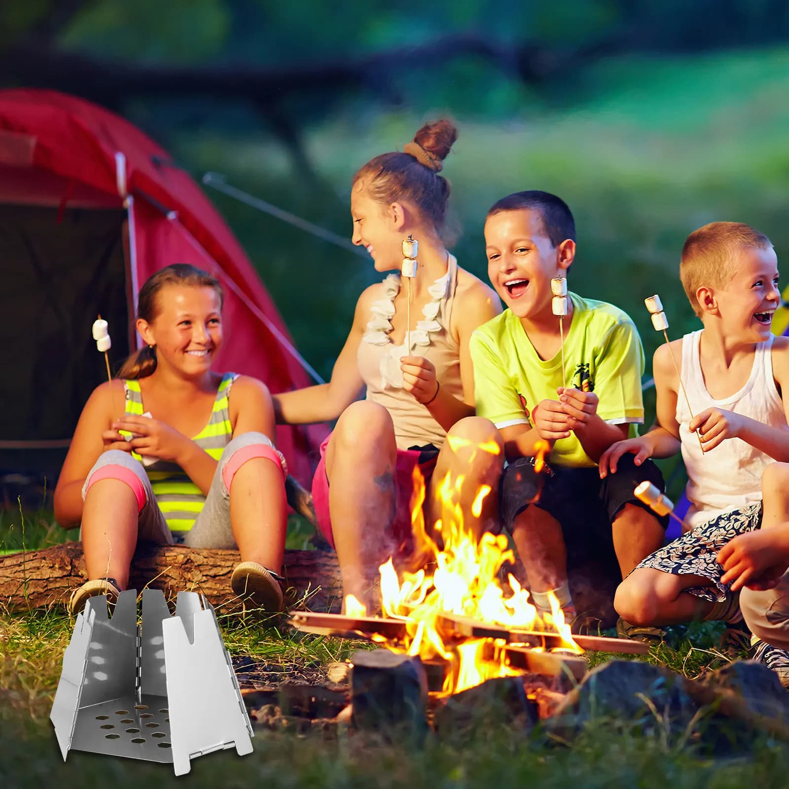 Camping Stove Portable Foldable Stainless Steel Wood Lightweight with Outdoor Cooking Fan, Hiking and Picnic