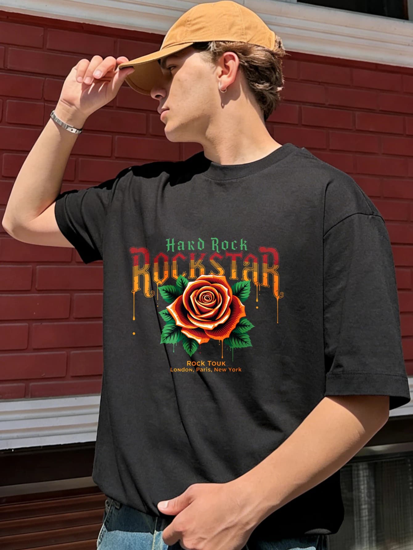 Men's T-shirt in short sleeved oversize cotton with graphic print Retro Rockstar Rose, summer casual shirt for every day, gift for men
