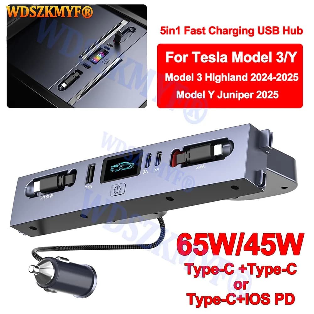 Per Tesla 2024-25 Modello 3/25 Modello Y,45W 65W USB Shunt HUB Docking station intelligente Adattatore per auto Alimentato Splitter Estensione