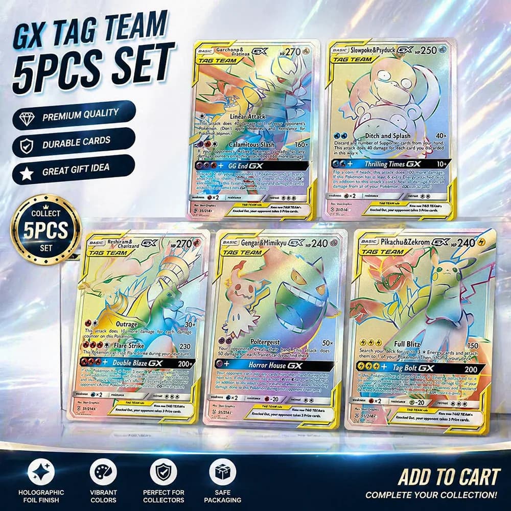 Anime Collectible Cards Tag Team GX Rainbow Rare Set Gengar & Mimikyu Pichu& Zekrom Holo Foil Collectible Trading Cards Gift