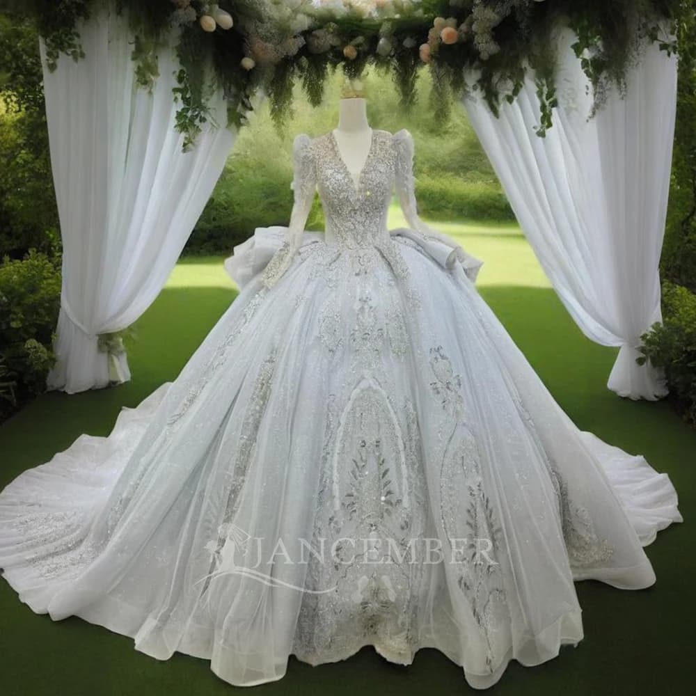 Splendido abito da ballo con scollo a V avorio con paillettes Abito da sposa con lacci 2025 Abito da sposa vintage con maniche lunghe e strascico vestido de novia