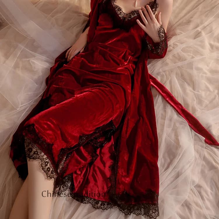 Autumn Velvet Loungewear Dress Lace Dress Slip Robe Set Long Dresses De Novia Sexy Winter Women's Night Shirt Sleepwear