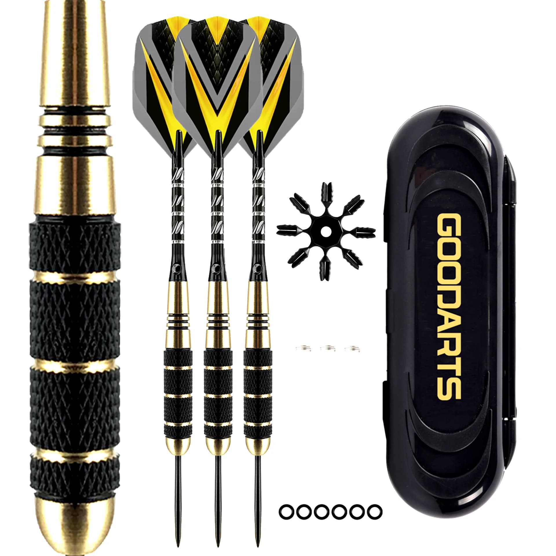 Set di freccette con punta in acciaio per freccette 24g Freccette professionali in ottone Punta in metallo Alberi in alluminio nero 3 voli 6 O-ring in gomma