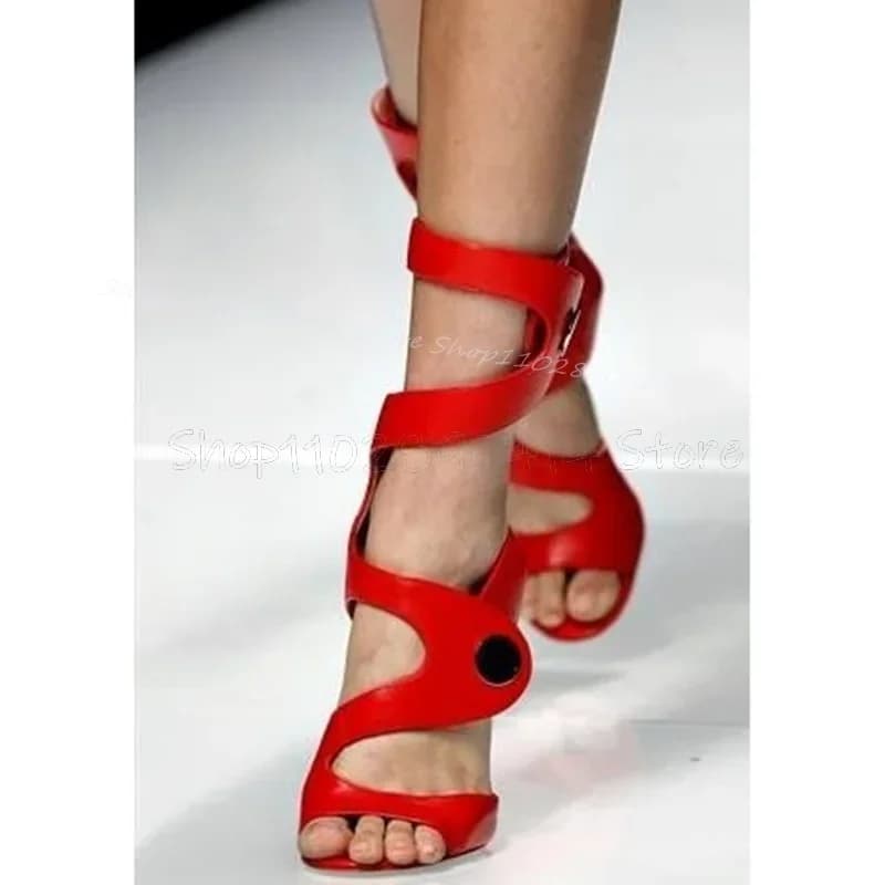 Sandali Stivaletto Rossi con Design Vuoto in Metallo, Punta Aperta, Cinturino con Bottone, Scarpe da Donna con Tacco Alto Sottile, Moda 2025, Zapatos Para Mujeres