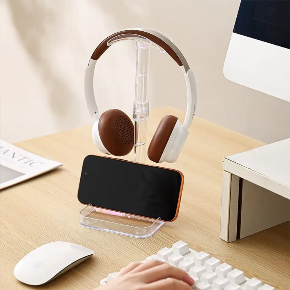 Nuovo Supporto per Cuffie in Plastica, Vassoio Trasparente per Conservazione, Supporto per Cuffie Staccabile con Porta Telefono
