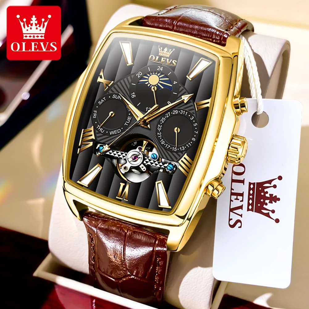 OLEVS 6675 Orologio Automatico Originale da Uomo, Marca di Lusso, Quadrante Quadrato, Fase Lunare, Volano a Vista, Orologio Meccanico da Polso per Uomo