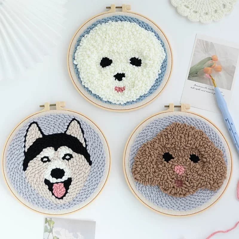 Pet Puppy Punch Needle Embroidery Kit Arts Ornament DIY Crafts Handmade Needle Thread Embroidery Hoop Needle Punch Kit