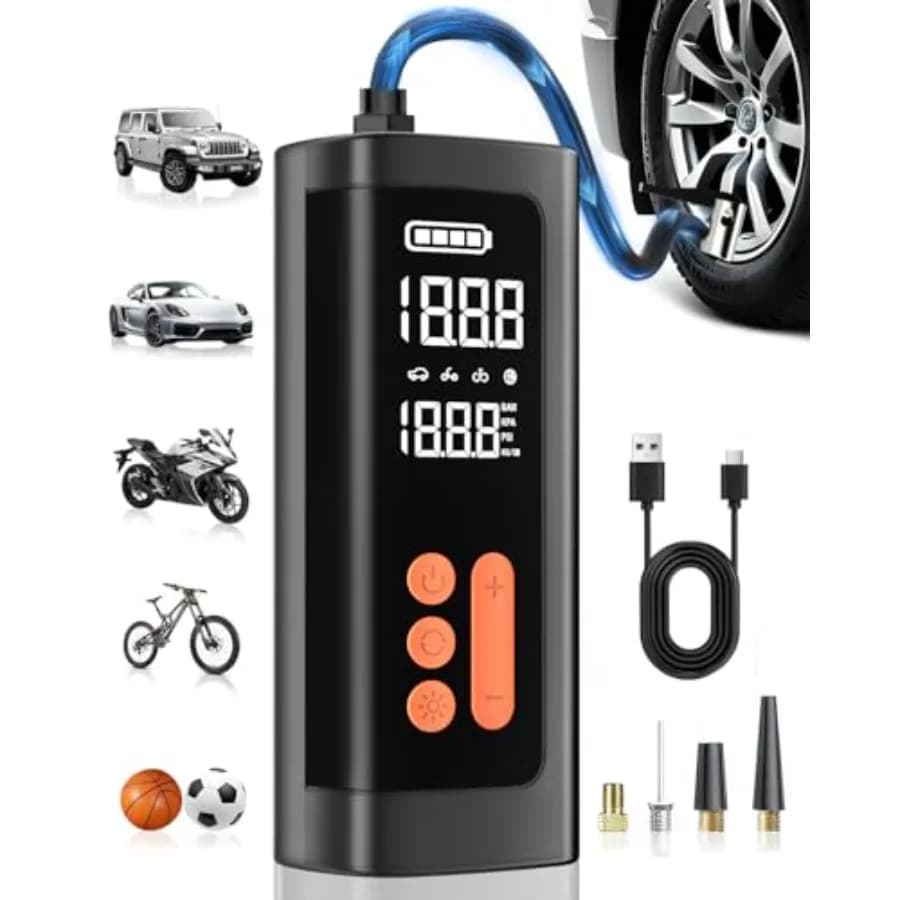 Compressore d'aria portatile per pneumatici auto, pompa gonfiagomme senza fili 3-150 PSI con manometro e spegnimento automatico, per bici