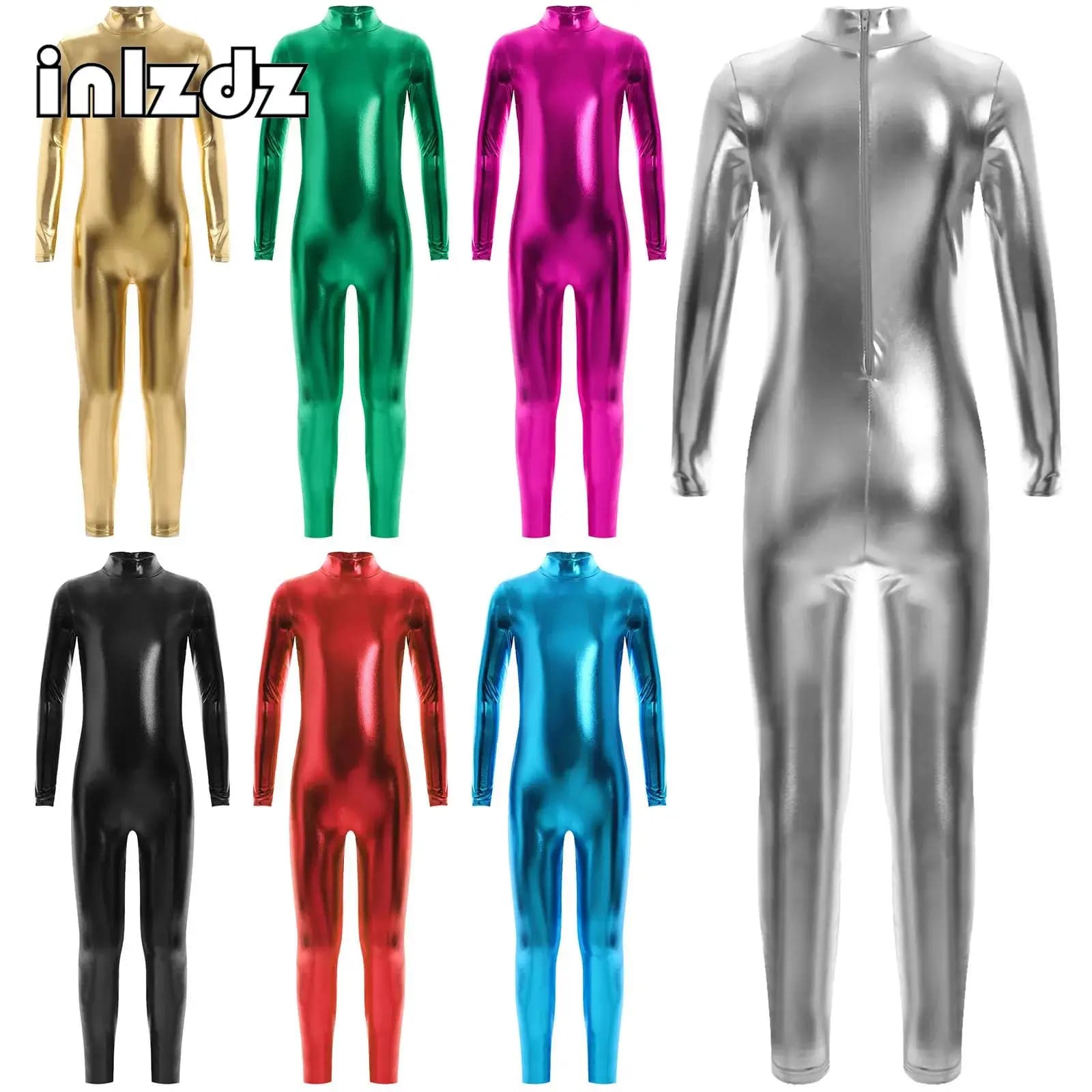 Tuta da pattinaggio di figura per bambina, ginnastica, balletto, danza, body da yoga, collo finto metallico, tuta sportiva per tutto il corpo