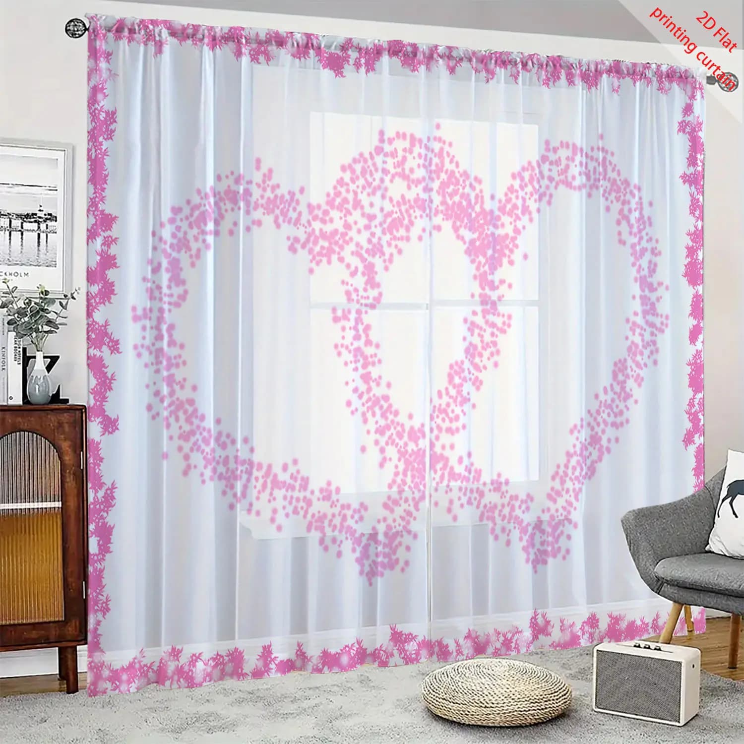 Tenda di garza trasparente stampata a forma di cuore, utilizzata per ufficio, casa, soggiorno, finestre del balcone, decorazione estetica