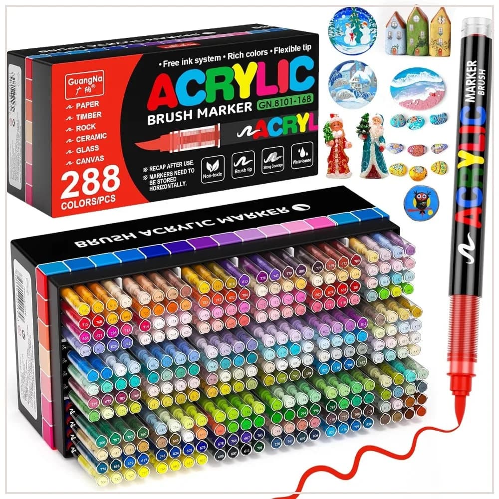 288 Acrylic Paint Markers, Brush Tip, No Bleed, 30% More Ink, Water Based for DIY Crafts
