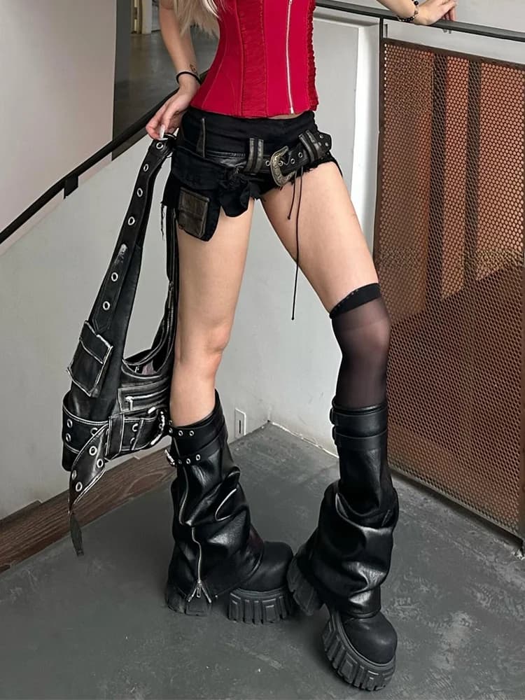 American High Street Design Sensation Fringed Workwear Shorts Women Y2K Millennium Style Belt Buckle Ultra Short Hot Pants