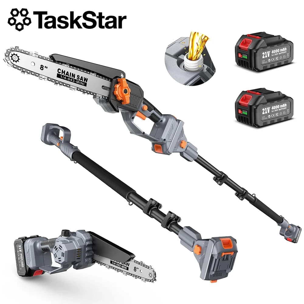 TaskStar Extensible Power Saw 8 Poles, Adjustable Garden Saw 15 Feet 180° Tie Saw with 2 4000mAh Batteries