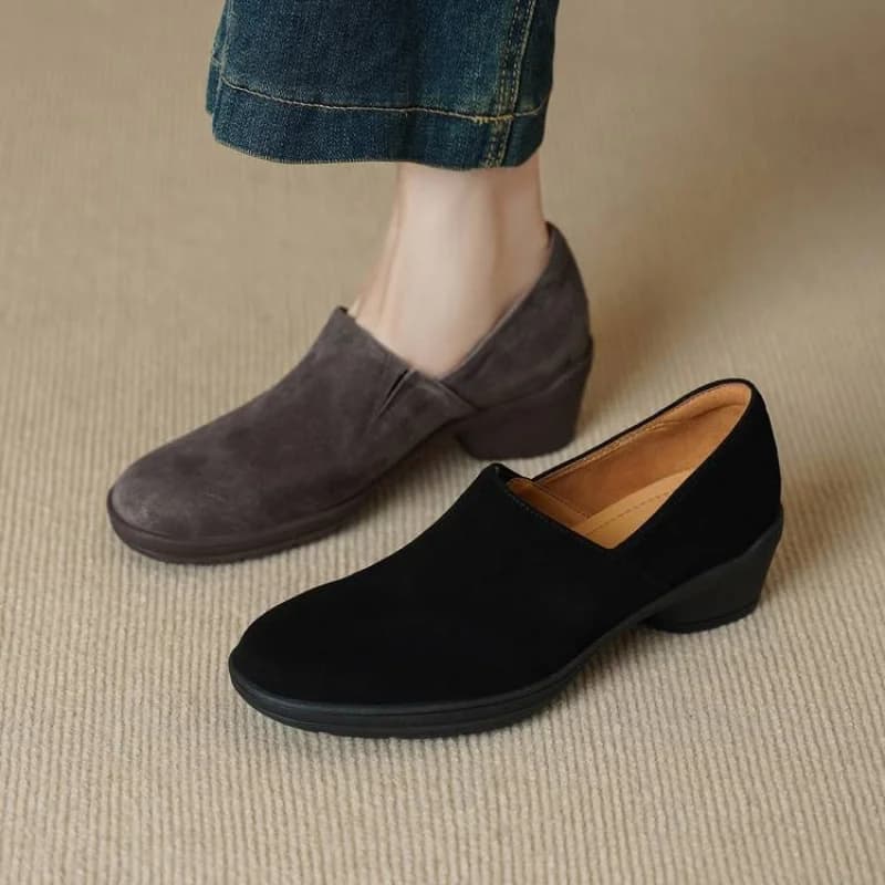 High Quality Heeled Loafers for Women Sheep Suede Upper Pigskin Lining Cowhide Insole Soft Rubber Sole 4.5cm Heel Black GrayG248