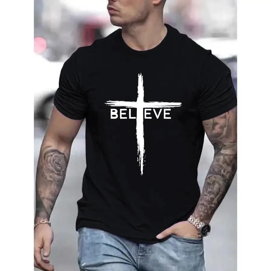 【New Arrival】Men's Turquoise Teal Faith T-Shirt - Believe Print and Scripture Verse Design Breathable Casual Church Wear Short S