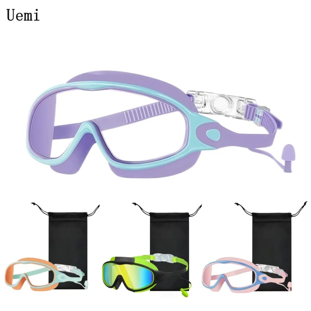 Kids Swim Goggles with Swim Cap, Anti Fog UV Protection Wide View Youth Swim Goggles for Boys Girls 3-14